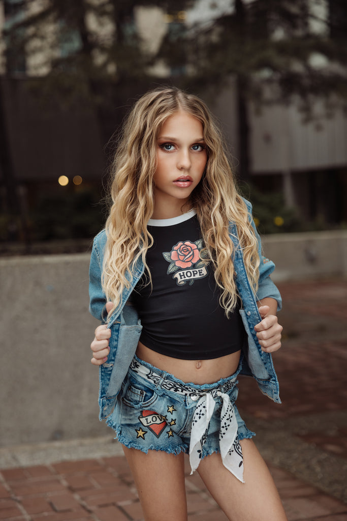 “HOPE” Rose Patch Baby Tee – Black & White Crop